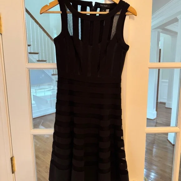 Sleeveless Banded Cocktail Dress Shape Midi Polka Dot Mesh, Black, SZ 00 - Picture 4 of 8